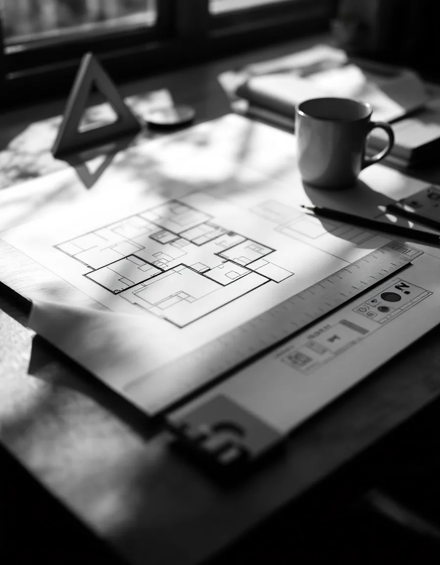 A drafting desk in morning light with a half-drawn floor plan, an architect's scale and a coffee mug